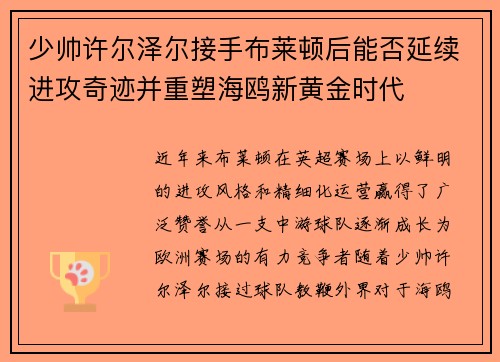 少帅许尔泽尔接手布莱顿后能否延续进攻奇迹并重塑海鸥新黄金时代 少帅许尔泽尔接手布莱顿后能否延续进攻奇迹并重塑海鸥新黄金时代