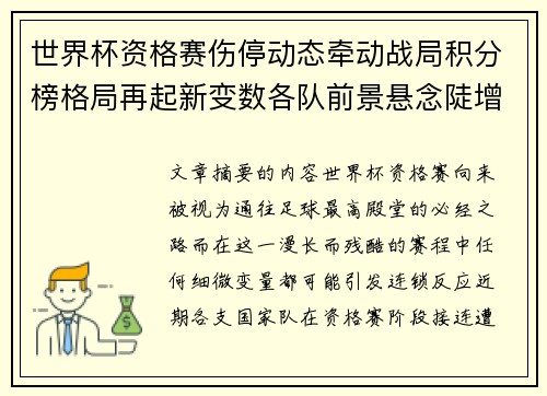 世界杯资格赛伤停动态牵动战局积分榜格局再起新变数各队前景悬念陡增 世界杯资格赛伤停动态牵动战局积分榜格局再起新变数各队前景悬念陡增